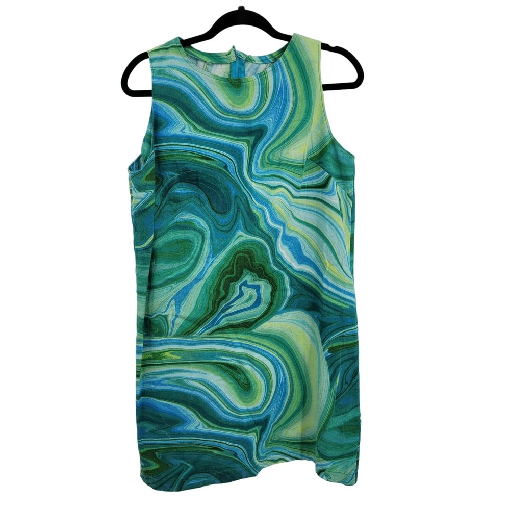Vtg 70s Handmade Mod GoGo Mini Shift Dress Sz L Aqua Blue Green Swirl Ms Frizzle